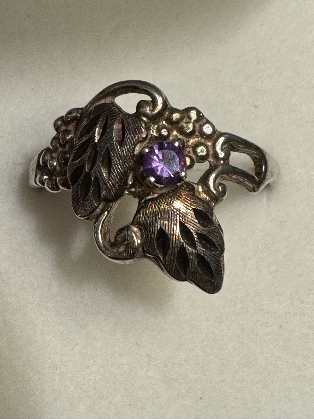 Vintage Sterling Silver Amethyst Botanical Leaf Ring - Size 10